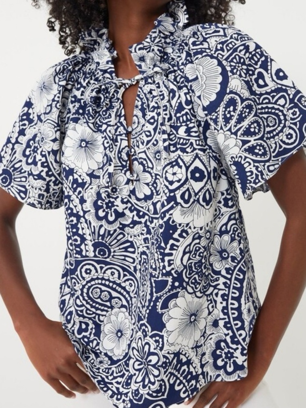 Tuckernuck Hyacinth House Thea Blouse Navy & White Floral Paisley Sz XXS Top NWT